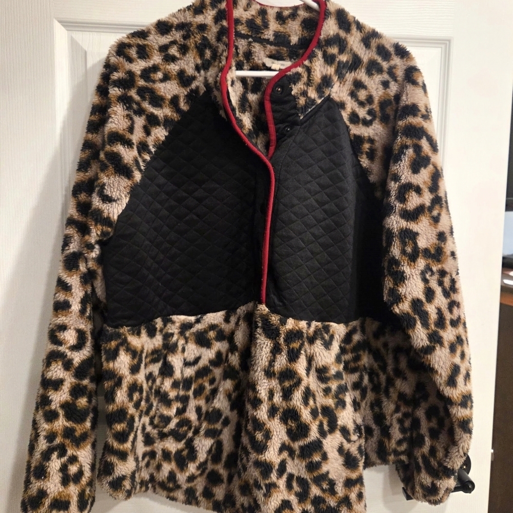 Maurices Leopard Print Faux Fur Hoodie with Black Quilted Design